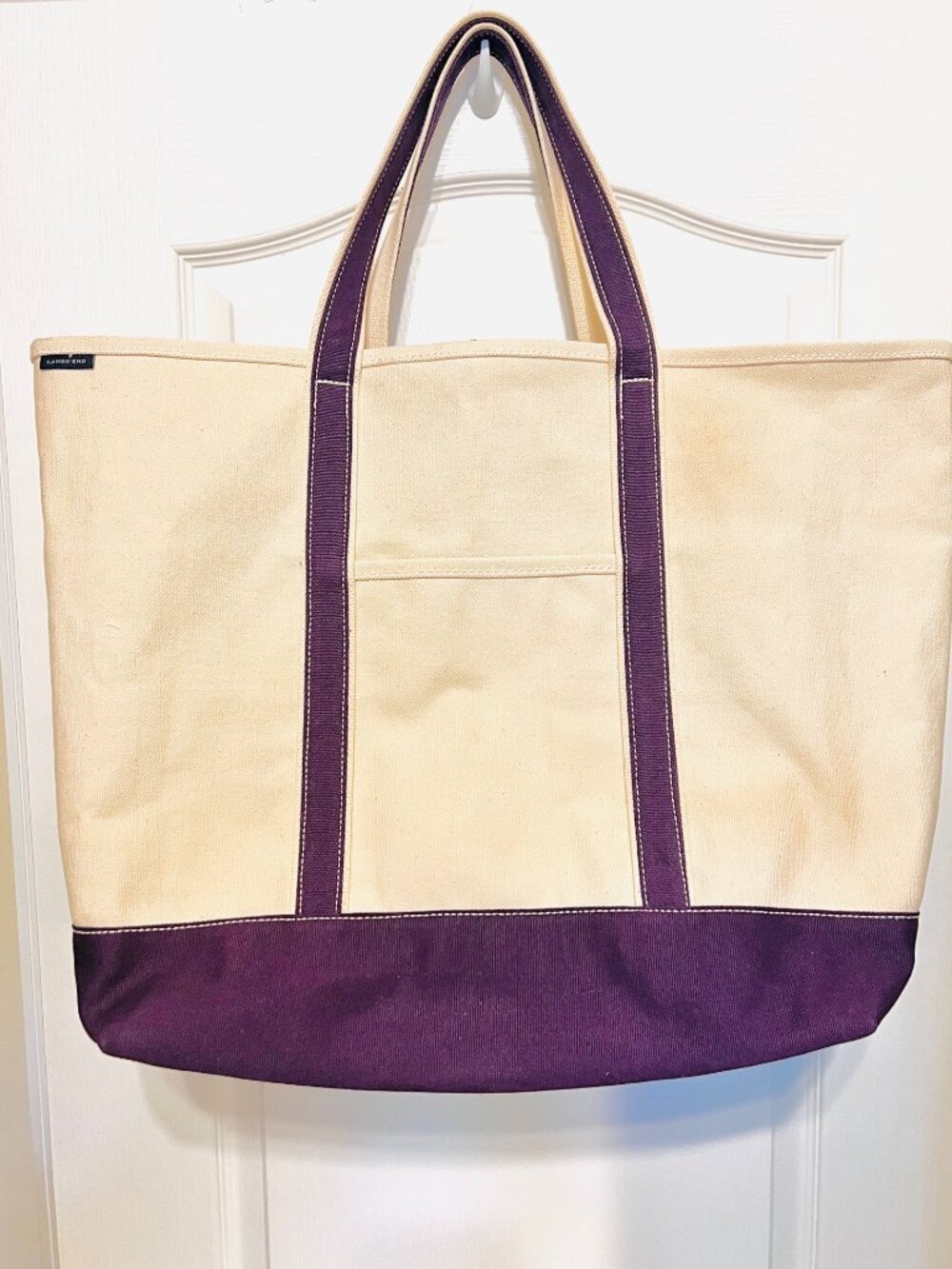 Lands' End Extra Large Heavy Duty Canvas Tote Cream/Purple-Inside Pockets-Beach